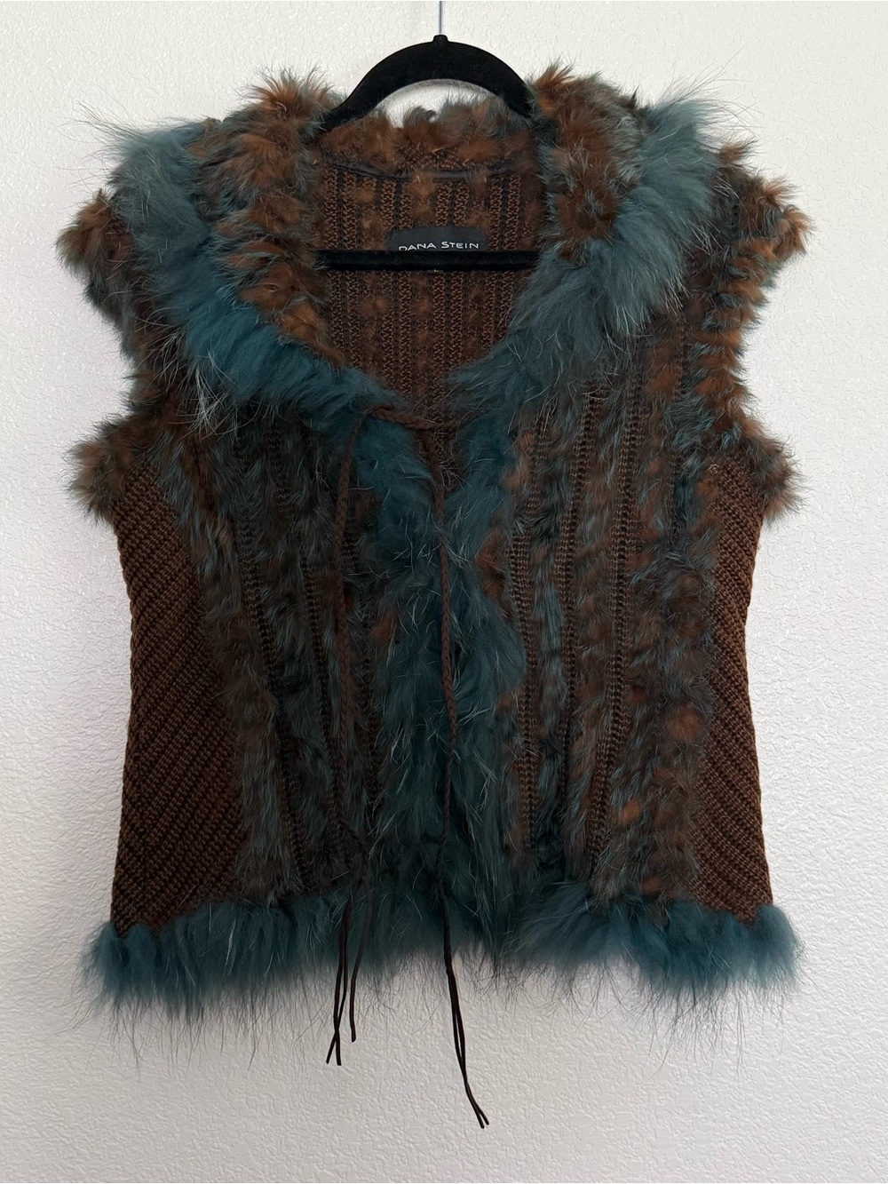 Dana Stein Knit Rabbit Raccoon Fur Vest in Brown Teal Large